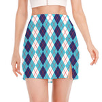 White And Blue Argyle Pattern Print Side Slit Mini Skirt
