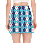 White And Blue Argyle Pattern Print Side Slit Mini Skirt