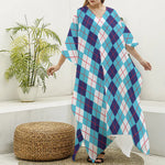 White And Blue Argyle Pattern Print Silk V-Neck Kaftan Dress