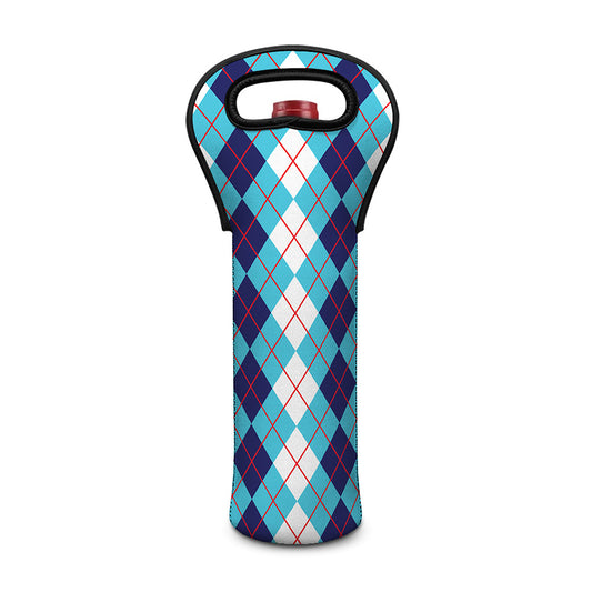 White And Blue Argyle Pattern Print Single Neoprene Wine Tote