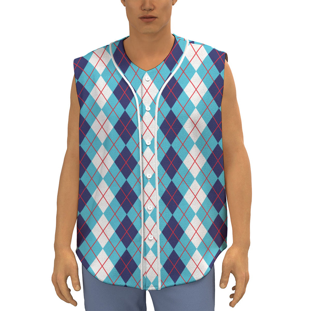 White And Blue Argyle Pattern Print Sleeveless Baseball Jersey