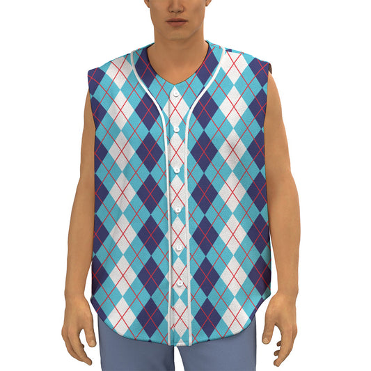 White And Blue Argyle Pattern Print Sleeveless Baseball Jersey