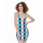 White And Blue Argyle Pattern Print Sleeveless Bodycon Dress
