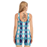 White And Blue Argyle Pattern Print Sleeveless One Piece Swimsuit