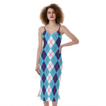 White And Blue Argyle Pattern Print Slim Fit Midi Cami Dress