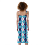 White And Blue Argyle Pattern Print Slim Fit Midi Cami Dress