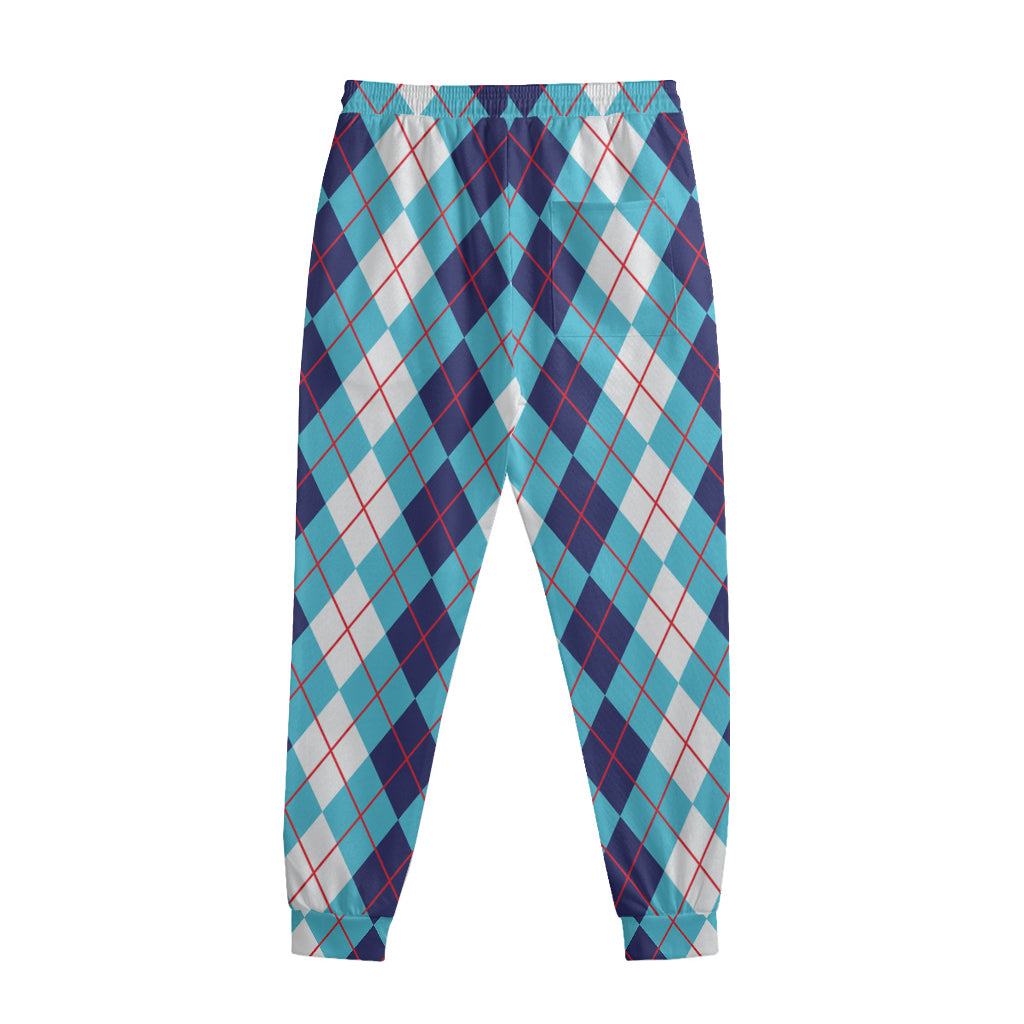 White And Blue Argyle Pattern Print Sweatpants
