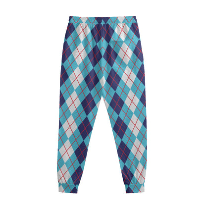 White And Blue Argyle Pattern Print Sweatpants