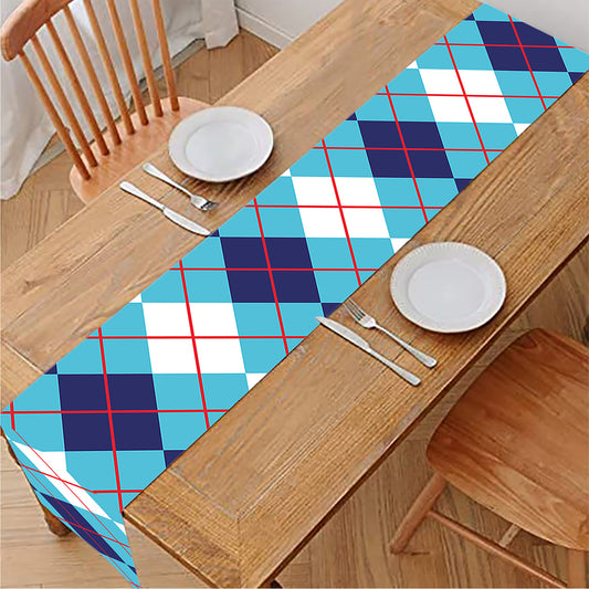 White And Blue Argyle Pattern Print Table Runner