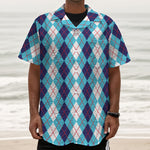 White And Blue Argyle Pattern Print Textured Short Sleeve Shirt
