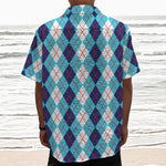 White And Blue Argyle Pattern Print Textured Short Sleeve Shirt