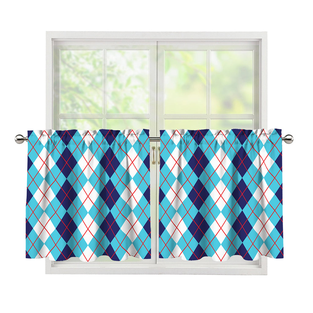 White And Blue Argyle Pattern Print Tier Curtains