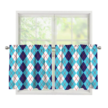 White And Blue Argyle Pattern Print Tier Curtains