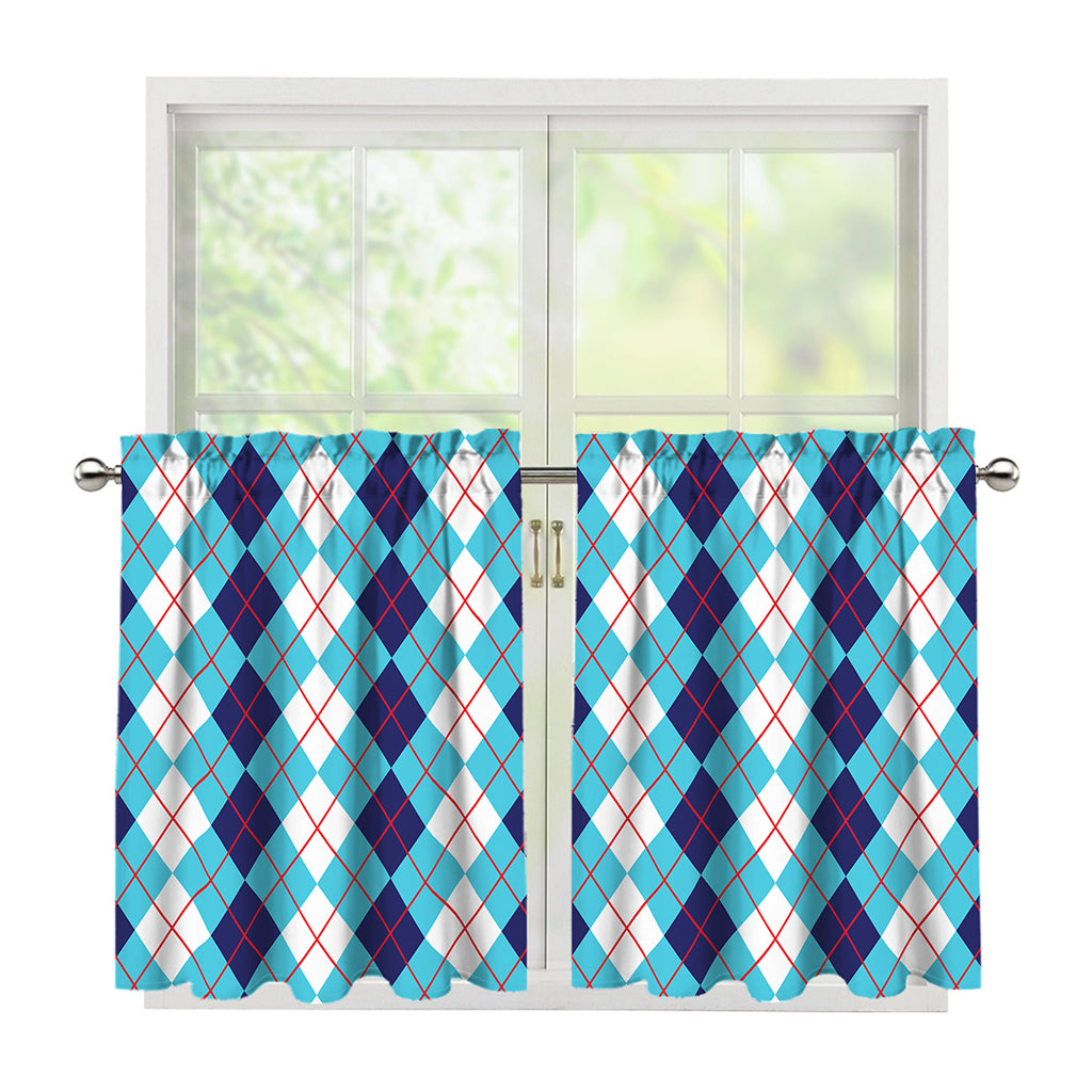 White And Blue Argyle Pattern Print Tier Curtains