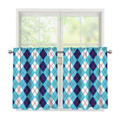 White And Blue Argyle Pattern Print Tier Curtains