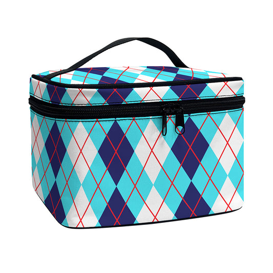 White And Blue Argyle Pattern Print Travel Makeup Bag