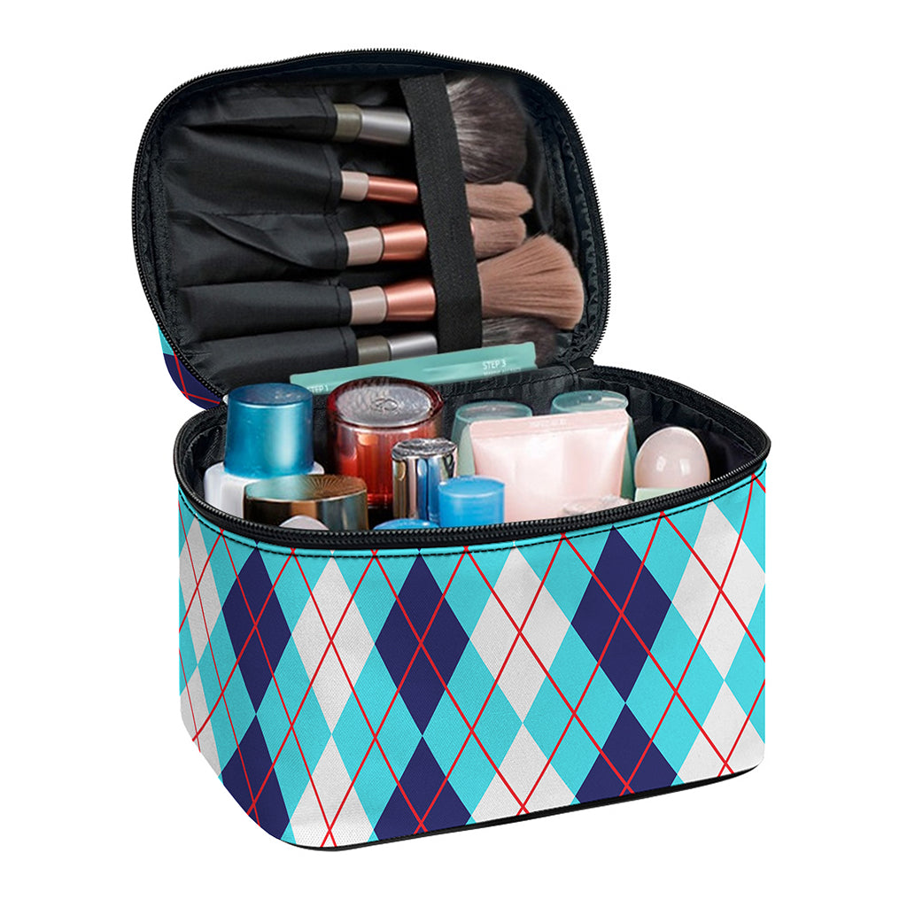 White And Blue Argyle Pattern Print Travel Makeup Bag