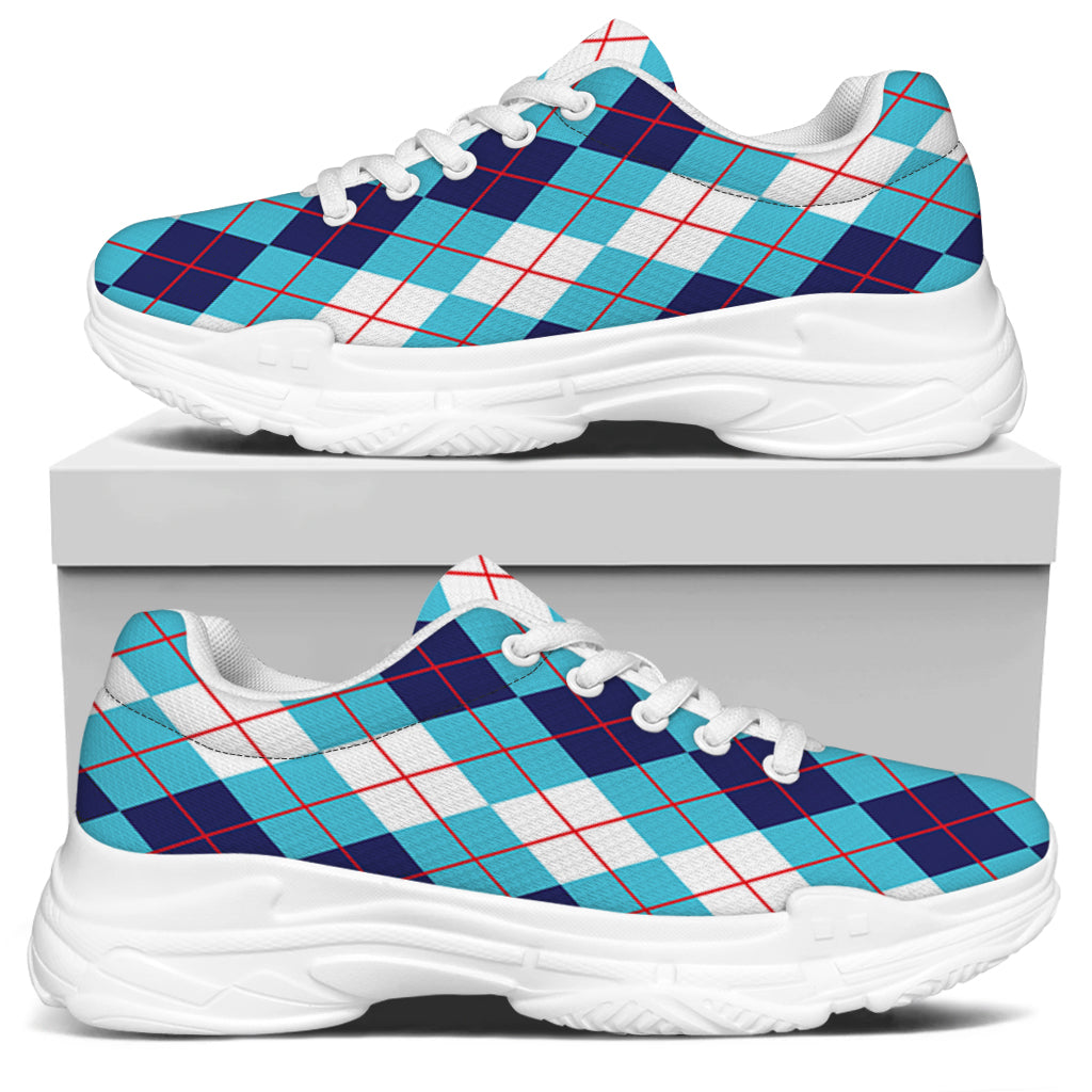 White And Blue Argyle Pattern Print White Chunky Shoes