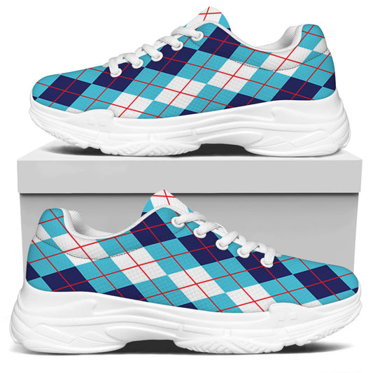 White And Blue Argyle Pattern Print White Chunky Shoes