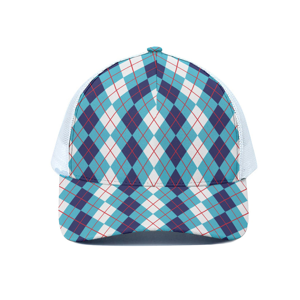 White And Blue Argyle Pattern Print White Mesh Trucker Cap