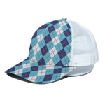 White And Blue Argyle Pattern Print White Mesh Trucker Cap