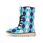 White And Blue Argyle Pattern Print Winter Boots