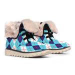 White And Blue Argyle Pattern Print Winter Boots