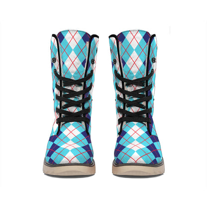 White And Blue Argyle Pattern Print Winter Boots