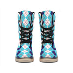 White And Blue Argyle Pattern Print Winter Boots