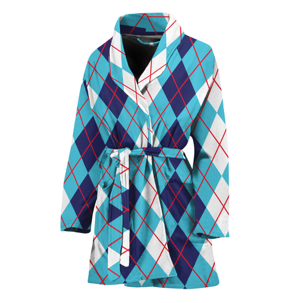 White And Blue Argyle Pattern Print Women's Bathrobe