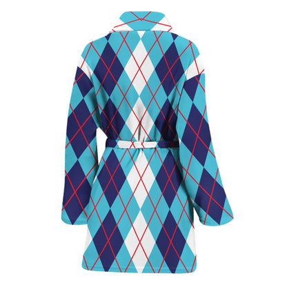 White And Blue Argyle Pattern Print Women's Bathrobe