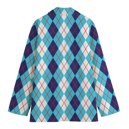 White And Blue Argyle Pattern Print Women's Blazer