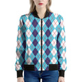 White And Blue Argyle Pattern Print Women's Bomber Jacket