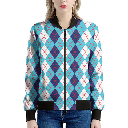 White And Blue Argyle Pattern Print Women's Bomber Jacket