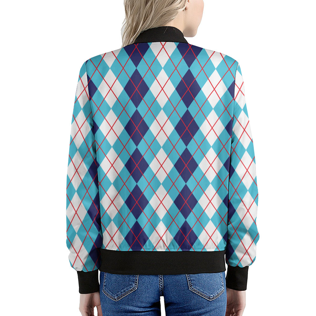 White And Blue Argyle Pattern Print Women's Bomber Jacket