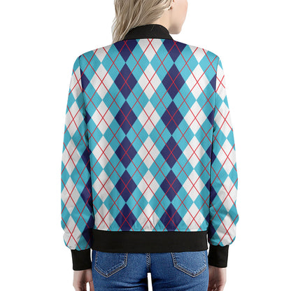 White And Blue Argyle Pattern Print Women's Bomber Jacket