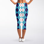 White And Blue Argyle Pattern Print Women's Capri Leggings