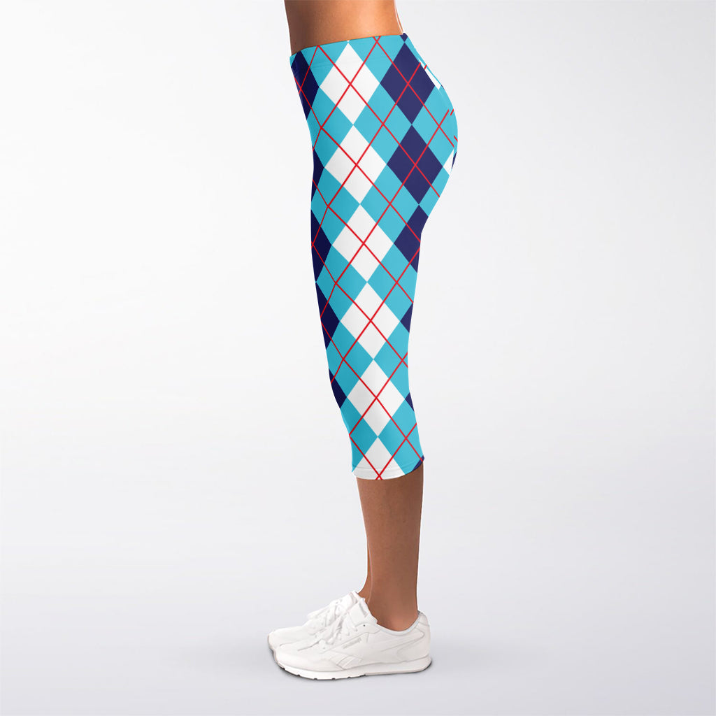 White And Blue Argyle Pattern Print Women's Capri Leggings