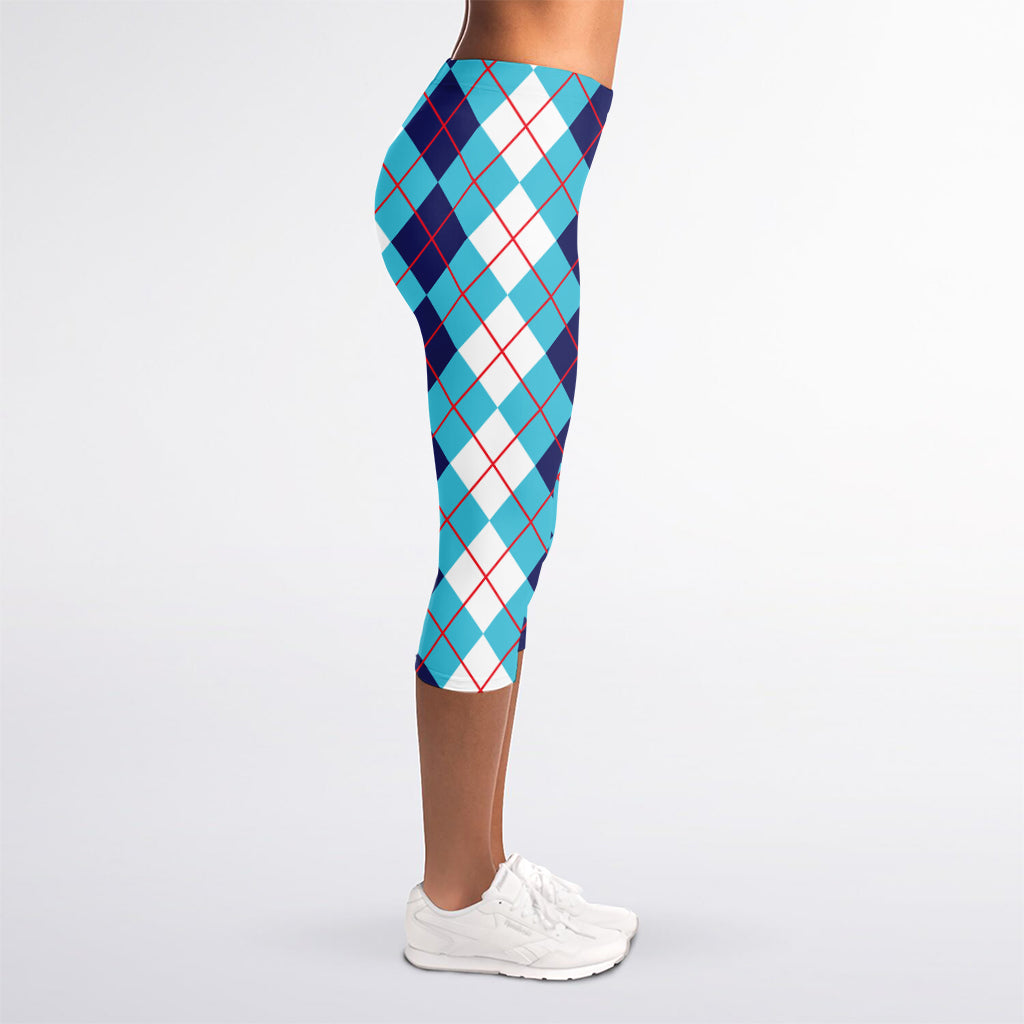 White And Blue Argyle Pattern Print Women's Capri Leggings