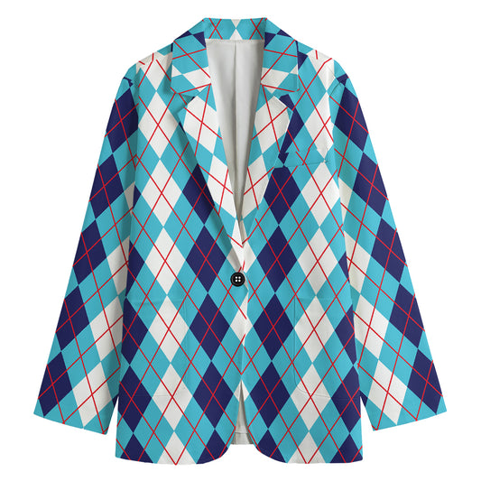 White And Blue Argyle Pattern Print Women's Cotton Blazer
