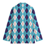 White And Blue Argyle Pattern Print Women's Cotton Blazer