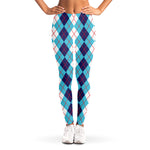 White And Blue Argyle Pattern Print Women's Leggings