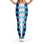 White And Blue Argyle Pattern Print Women's Leggings