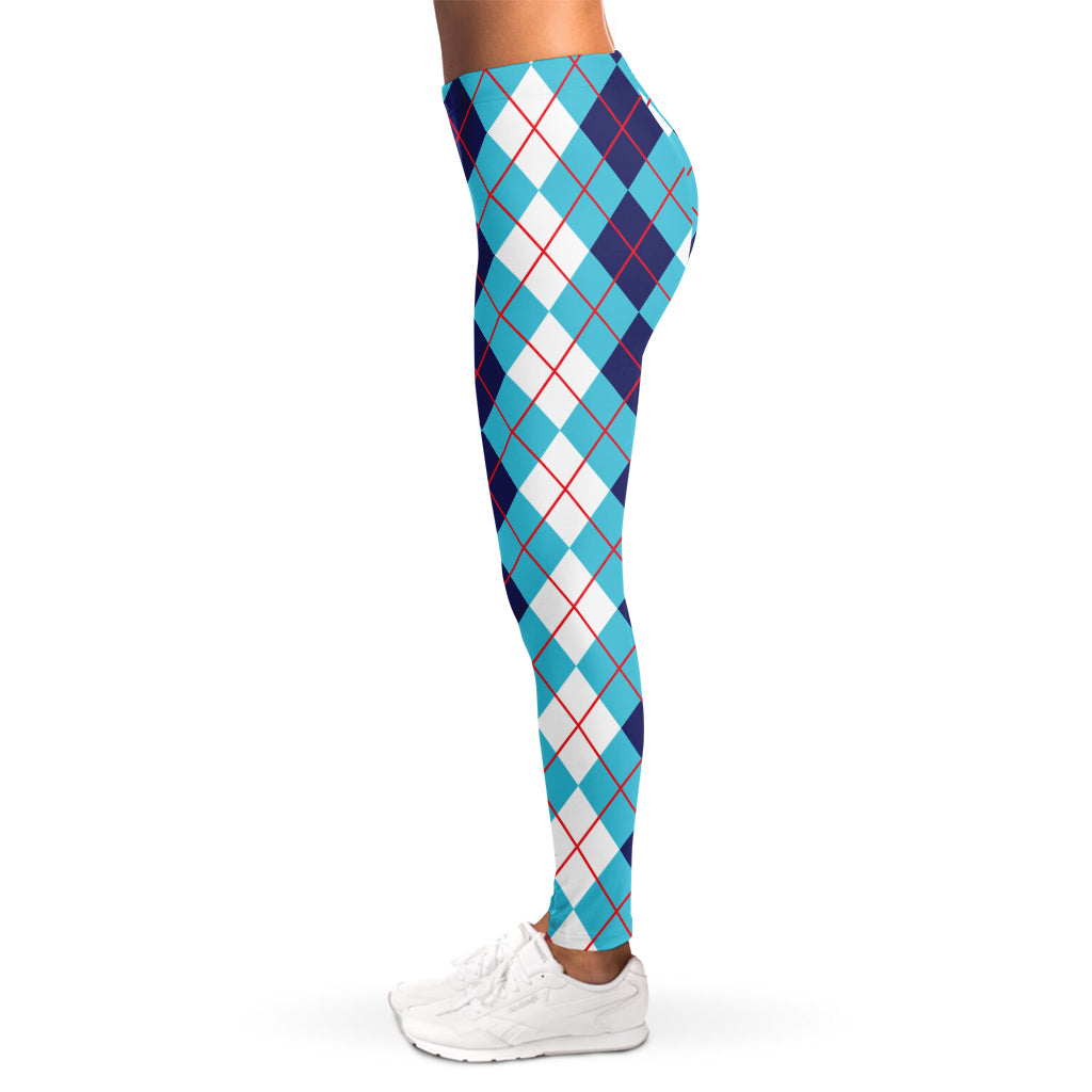 White And Blue Argyle Pattern Print Women's Leggings
