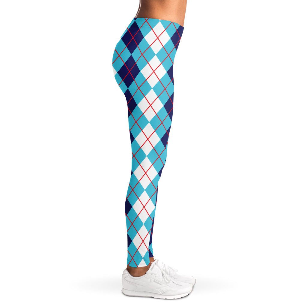 White And Blue Argyle Pattern Print Women's Leggings