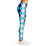 White And Blue Argyle Pattern Print Women's Leggings