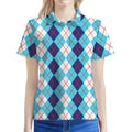 White And Blue Argyle Pattern Print Women's Polo Shirt