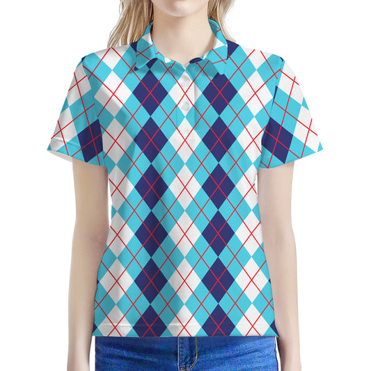 White And Blue Argyle Pattern Print Women's Polo Shirt