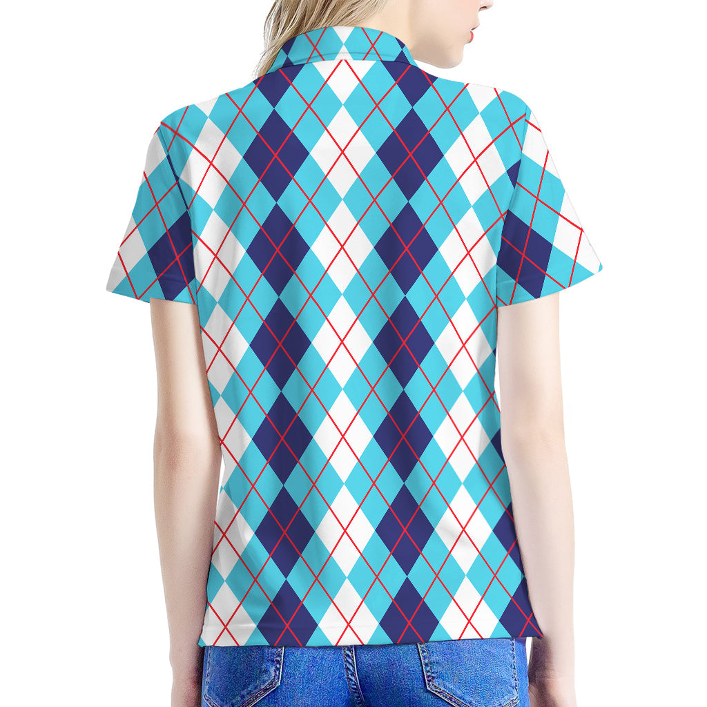 White And Blue Argyle Pattern Print Women's Polo Shirt