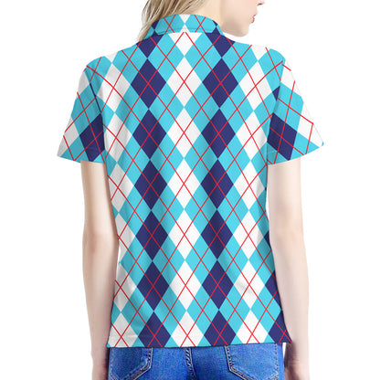 White And Blue Argyle Pattern Print Women's Polo Shirt